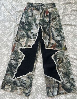 Basic Pleasure Mode X Subculture Camo Jeans Star Inlay Baggy Grunge Pants Size 8